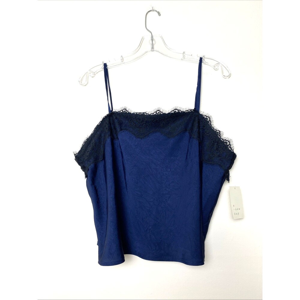 A New Day Camisole Tank Top Size L Women's Blue Lace Trim Satin Sleeveless